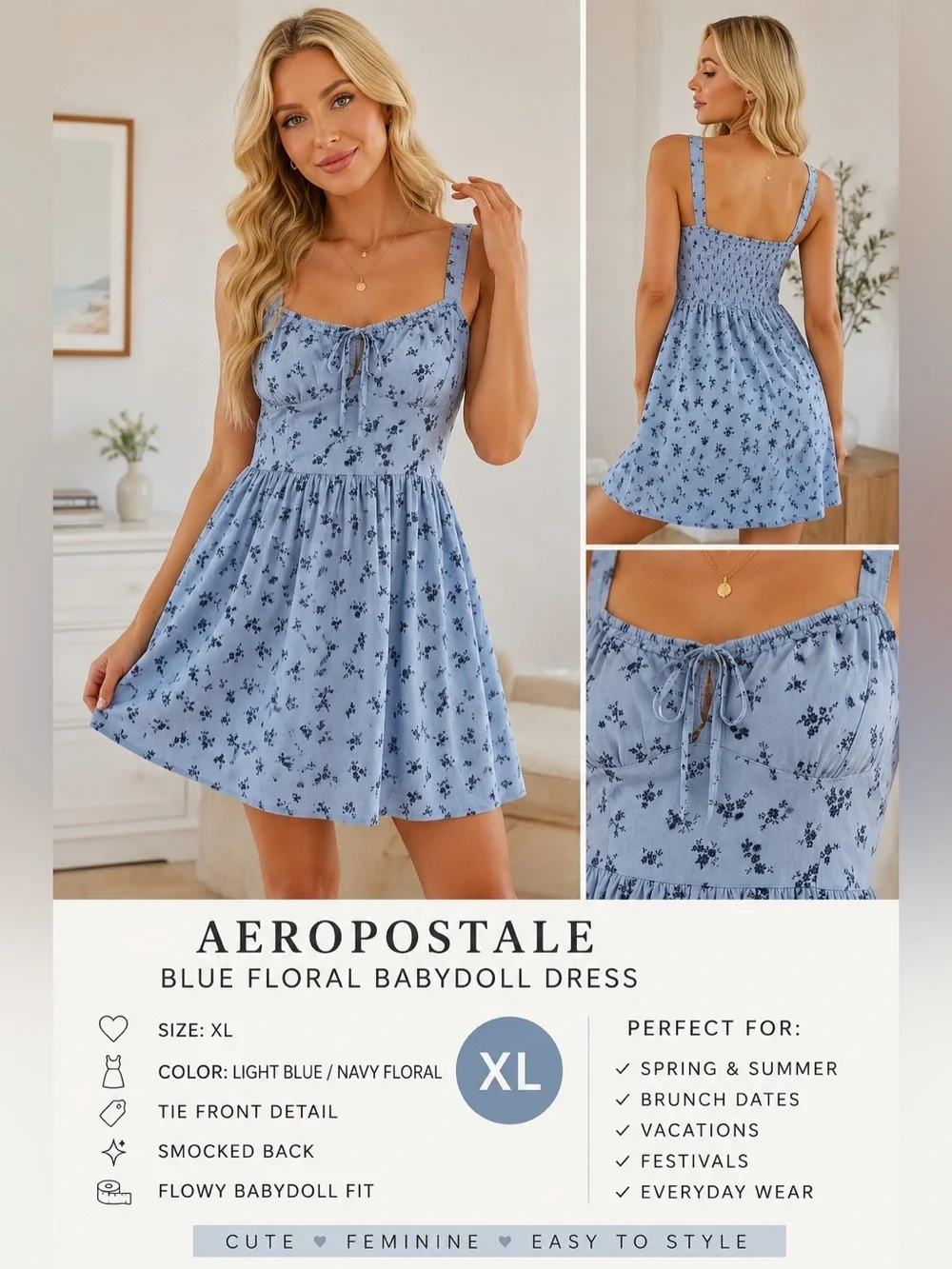 Aeropostale Light Blue Floral Mini Dress with Tie Front
